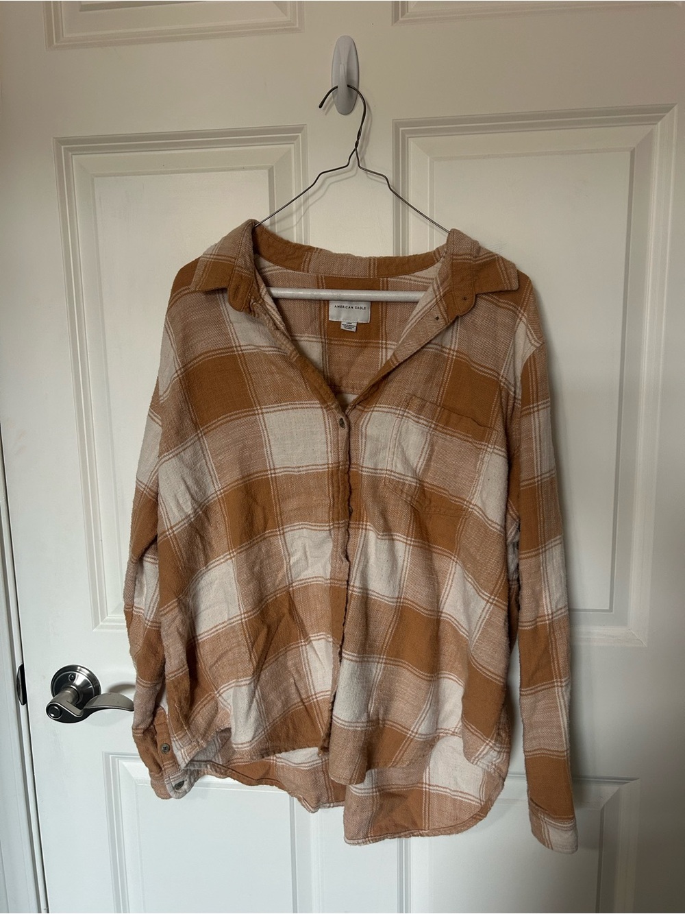 American Eagle Outfitters Tan and White Plaid Button-Down Shirt